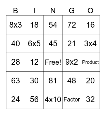 Multiplication Bingo Card