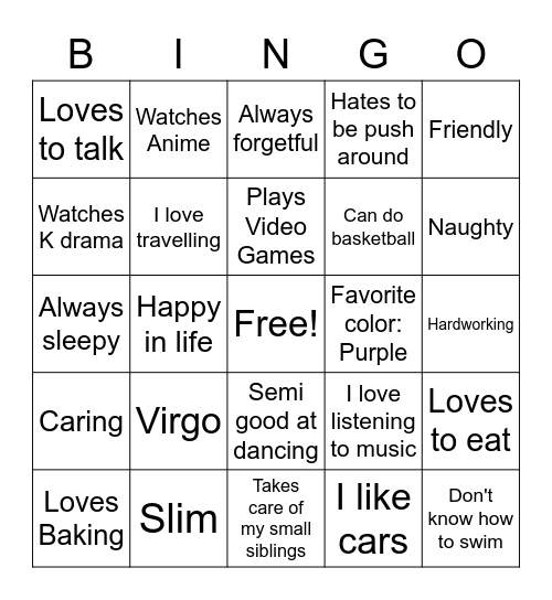 Me-ingo Bingo Card