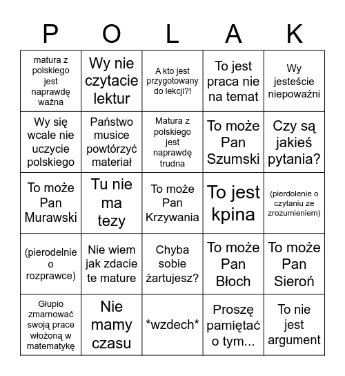 Polski Starter Pack Bingo Card