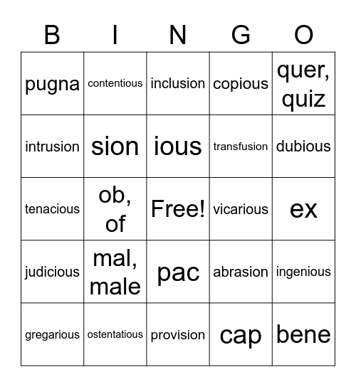 WOW 8 Vocabulary Bingo Card