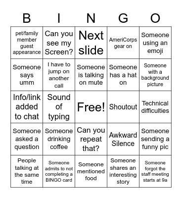 Staff Meeting 1/25/2021 Bingo Card
