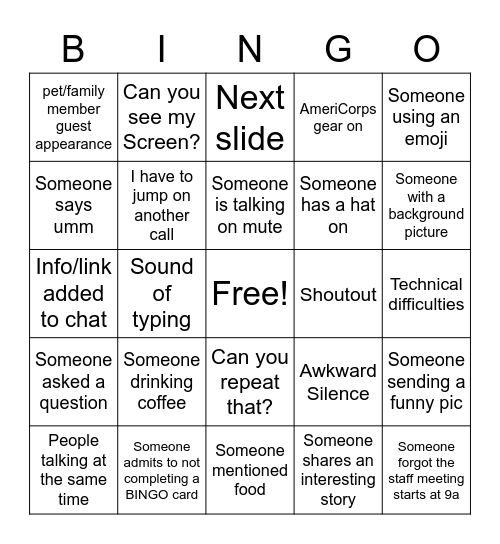 Staff Meeting 1/25/2021 Bingo Card