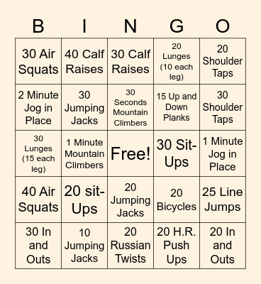 Fitness Bingo Card