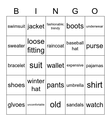 La ropa Bingo Card