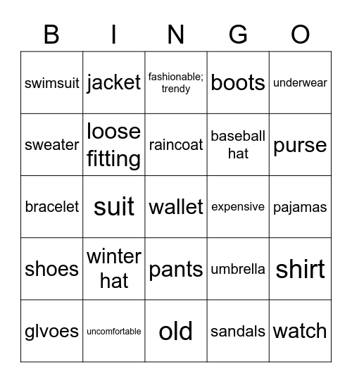 La ropa Bingo Card