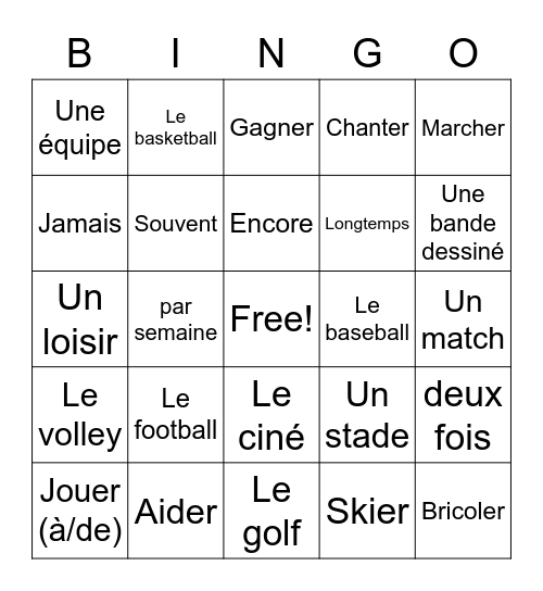 Vocabulaire 5a Bingo Card