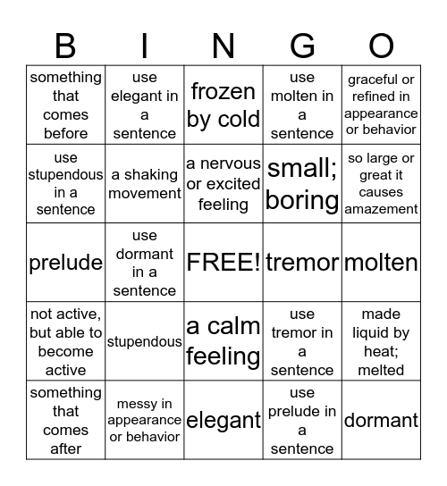 Word of the Week Bingo Card