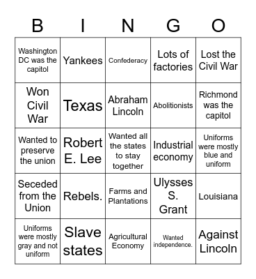 The Civil War Bingo Card