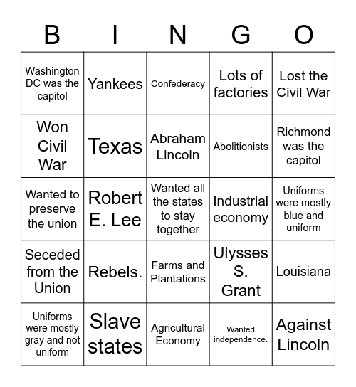 The Civil War Bingo Card