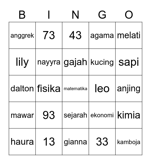 dalton Bingo Card