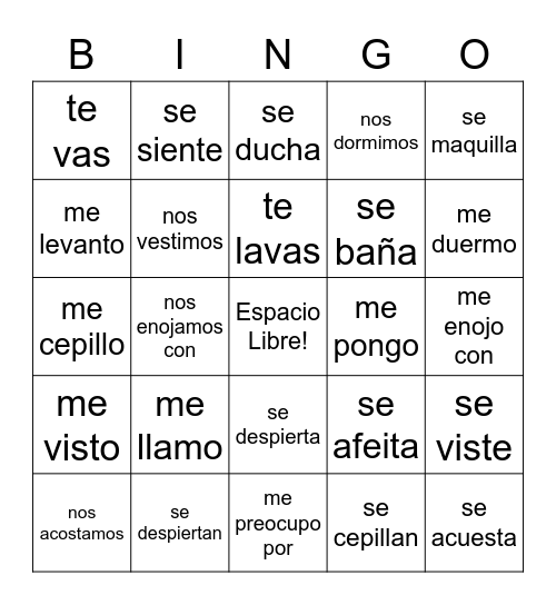 Verbos Reflexivos Bingo Card