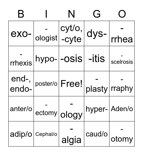 Intro to med terms (4.1 & 4.2) Bingo Card