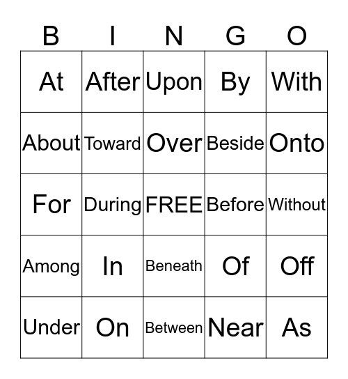 Preposition Bingo Card