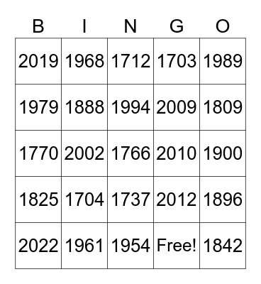 YEARS Bingo Card