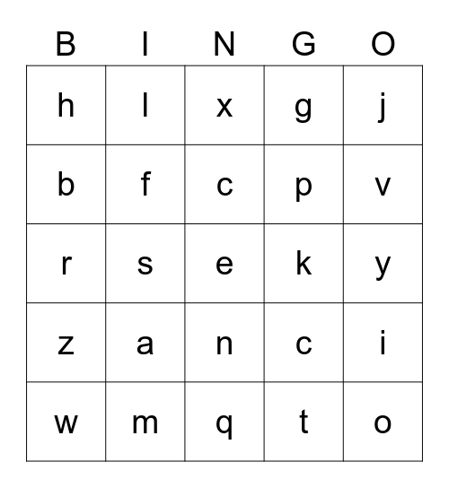 Lower Case Letters Bingo Card