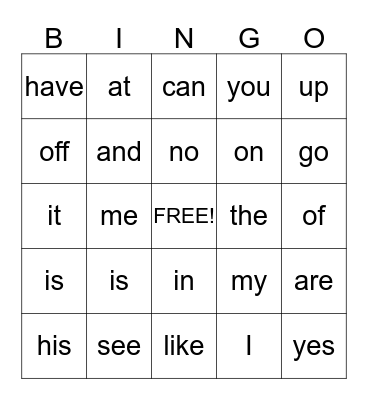 Kindergarten Sight Words Bingo Card