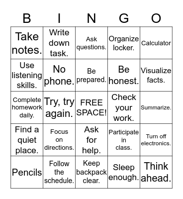 Study Skills BINGO Card