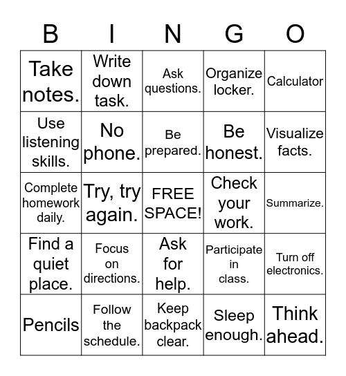 Study Skills BINGO Card