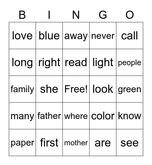 Sight Word Bingo Card