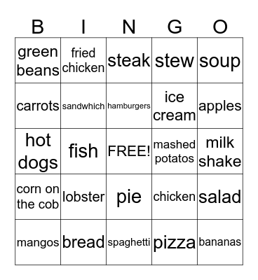 yummy foods  Bingo Card