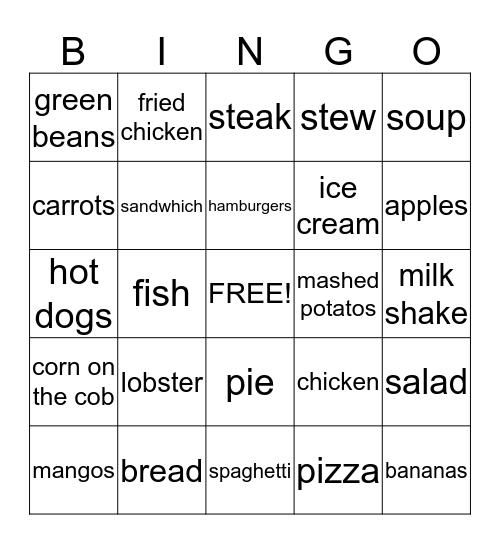 yummy foods  Bingo Card