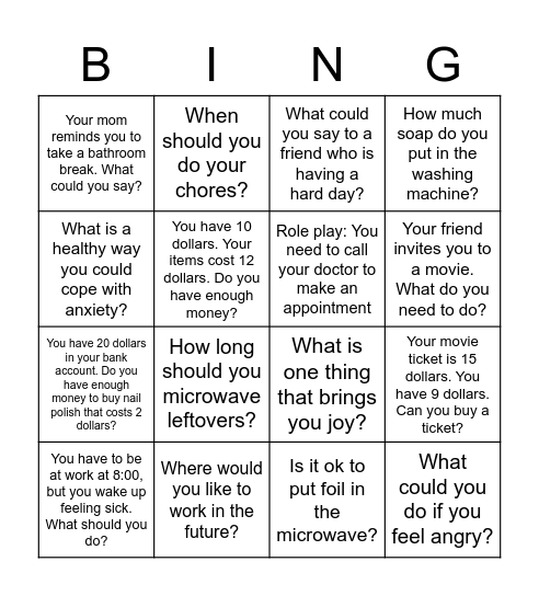 Independent Living Skill Bingo Card