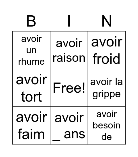 Expressions avec Avoir (7e) Bingo Card