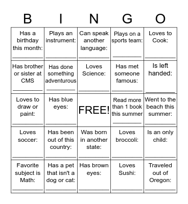 Get to know you Bingo Card