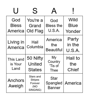 Patriotic American Songs Bingo Card