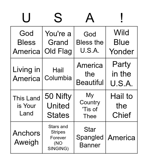 Patriotic American Songs Bingo Card