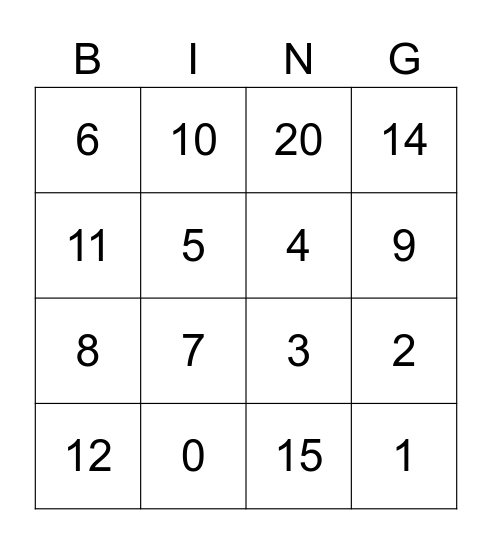 Number BINGO Card