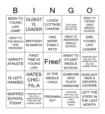 YOUNG LIFE BINGO BABYYYYYYYYY Bingo Card