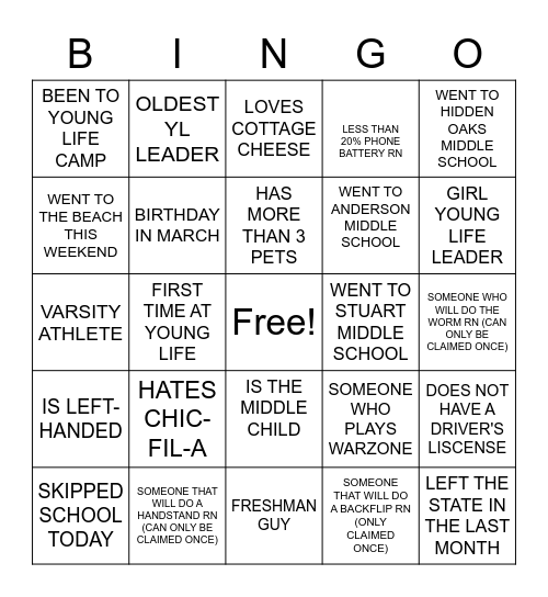 YOUNG LIFE BINGO BABYYYYYYYYY Bingo Card