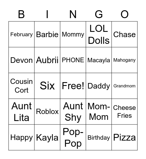 Happy Birthday Kayla Bingo Card