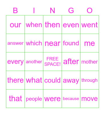 Sight Words Bingo Card