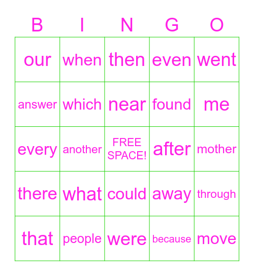Sight Words Bingo Card