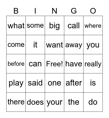 Sight Words BINGO Card