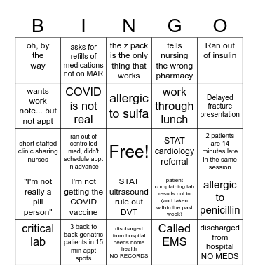 Family Medicine Bingo Card