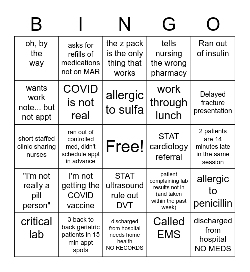 Family Medicine Bingo Card