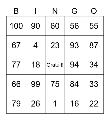 French numbers 1-100 Bingo Card