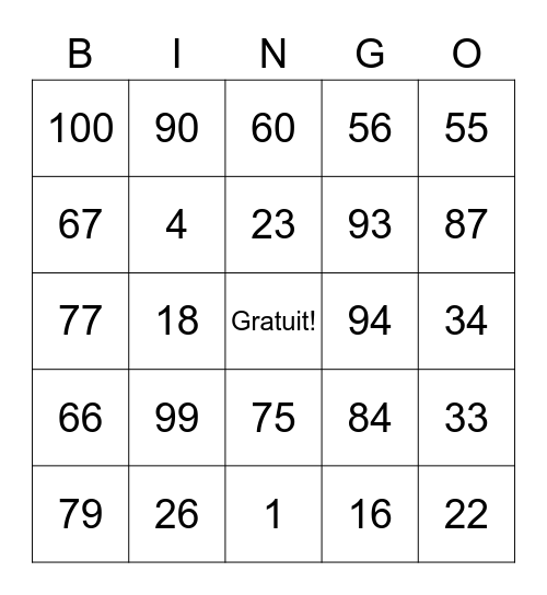 french numbers 1 100 bingo card