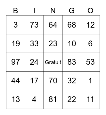 French Numbers 1-100 Bingo Card