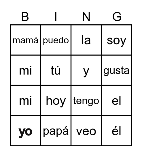 Palabras Frecuentes Bingo Card