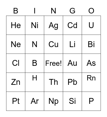 Periodic Table Bingo Card