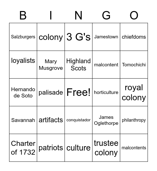 Georgia History Vocabulary Bingo Card