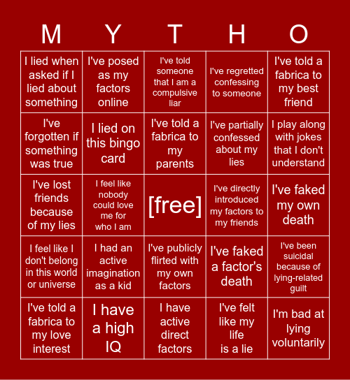 Mythomania Bingo Card
