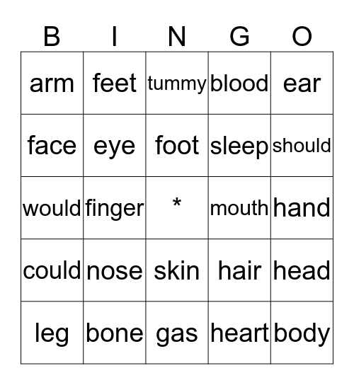 Head and Shoulders, Knees and Toes Bingo Card