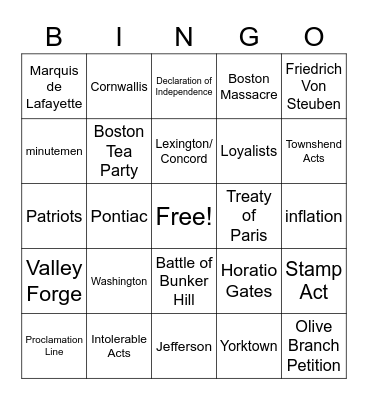 Revolution Bingo Card