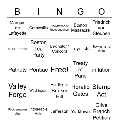 Revolution Bingo Card