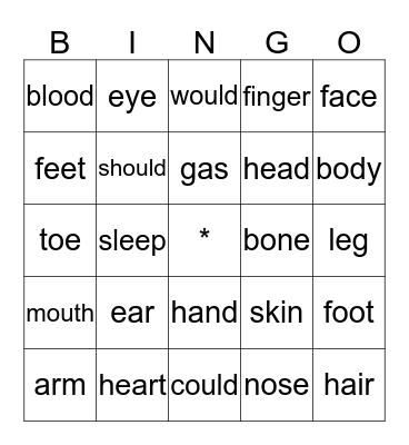 Head and Shoulders, Knees and Toes Bingo Card